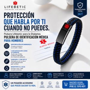 Pulsera de Identificación Médica para Hombre Lifebetic | Pulsera ID para Diabetes Tipo 1 y Tipo 2 | Pulsera de Cuero con Placa Grabable | Acero Inoxidable | Regalo para Hombre