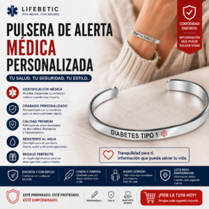 Pulsera Médica Personalizada Lifebetic | Brazalete de Alerta Médica Grabable | Acero Inoxidable | Pulsera ID para Diabetes, Alergias y Emergencias | Unisex