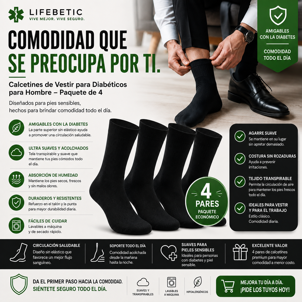 Calcetines Diabéticos de Vestir para Hombre Lifebetic | Pack de 4 Pares | Sin Costuras | Puño No Compresivo | Fibra de Bambú Calcetines Diabéticos de Vestir para Hombre Lifebetic | Pack de 4 Pares | Sin Costuras | Puño No Compresivo | Fibra de Bambú